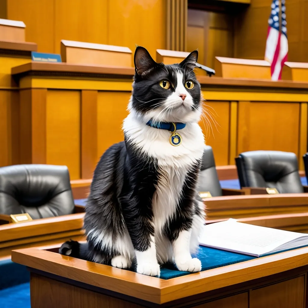 Prompt: "draw a cat sitting on a legislative  podium in  the well of  a legislative chamber during a legislative session."