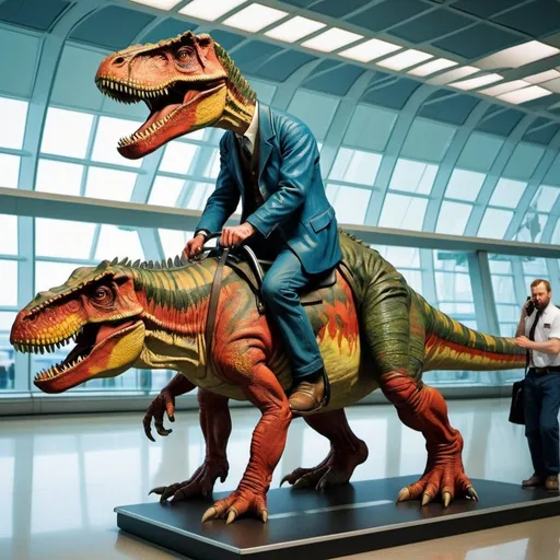 Prompt: "Vincent van Gogh"  riding a   tyrannosaurus in  an airport