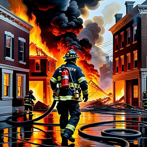 Prompt: Create a UHD, 64K, professional oil painting in the style of Carl Heinrich Bloch, blending the American Barbizon School and Flemish Baroque influences. Depict a heroic firefighter battling a fierce blaze in a city setting. The scene is intense and dynamic, with flames roaring and billowing smoke filling the sky. The firefighter, clad in full protective gear, is seen in the foreground, holding a powerful hose spraying water onto the inferno. His face, determined and focused, is partially illuminated by the fiery glow. Surrounding buildings show signs of damage, with windows shattered and structures blackened by the flames. The chaotic environment is contrasted by the firefighter's bravery and resolve. Background details include other firefighters working together, ladders against buildings, and emergency vehicles with flashing lights. The dramatic lighting from the fire casts deep shadows, enhancing the overall tension and urgency of the scene.