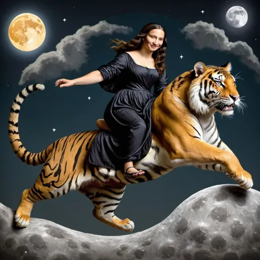 Prompt: Mona Lisa riding a Tiger that is jumping over the Moon.