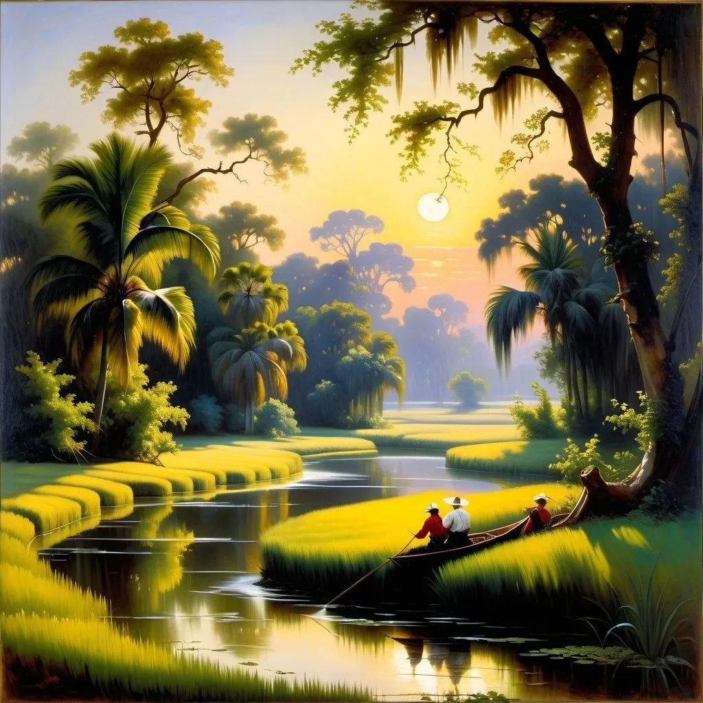 Prompt: Create a UHD, 64K, professional oil painting in the style of Carl Heinrich Bloch, blending the American Barbizon School and Flemish Baroque influences.  Depict the theme from lines from literature
     "The bayou curved like a crescent around the point of land on which the plantation was situated.."

Bayou Folk" by Kate Chopin (1894):