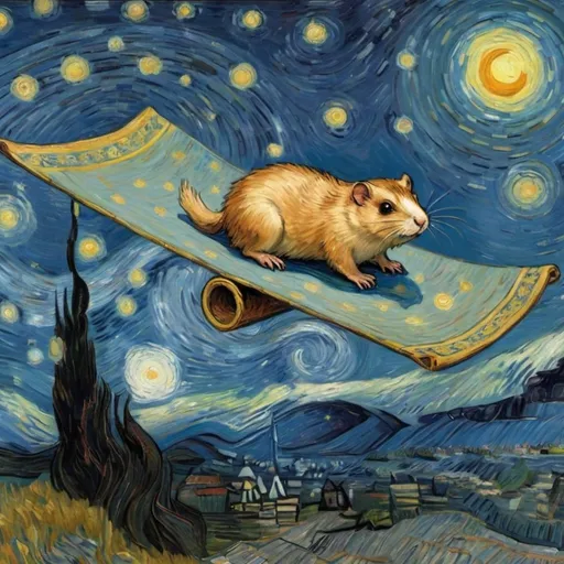 Prompt: A "Lemming"  flying on a "magic carpet" in "The Starry Night" by Vincent van Gogh