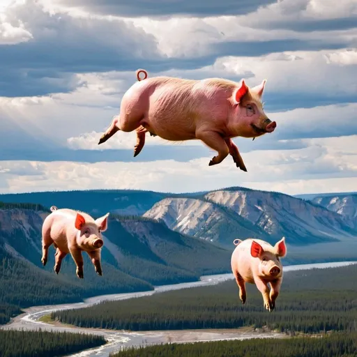 Prompt: three pigs flying over yellowstone national park
