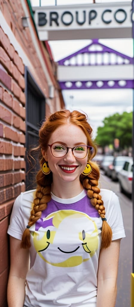 Prompt:  portrait of a smiling 27 year-old woman. green eyes. cover with dark freckle. long ginger hair ginger in a French braid.   wearing  red lipstick. purple broad rimmed eyeglasses.  1970s yellow smiley face earrings,  and  white t-shirt with a  black and yellow smiley face. photo.