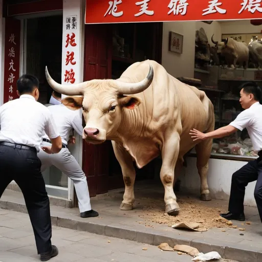 Prompt: A bull ransacking a china shop