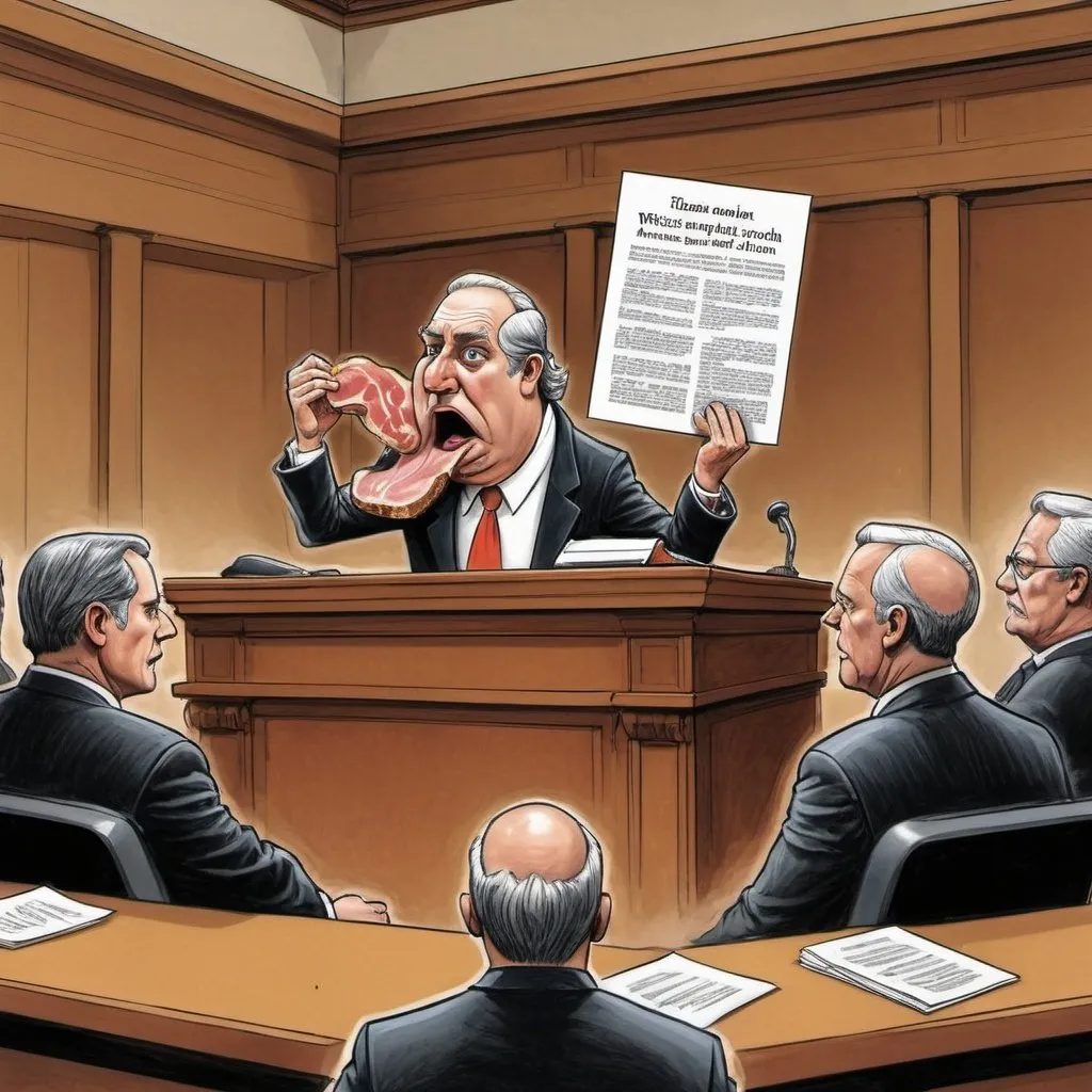 Prompt: "Create a political cartoon depicting an indictment ham sandwich on the witness stand in a courtroom, as viewed by court spectators. Consider the symbolism of the indictment ham sandwich as a commentary on the legal system or political issues. Use exaggerated expressions and gestures from the spectators to convey their reactions to this surreal scenario. Infuse the cartoon with satire and wit to spark reflection and dialogue on the intersection of law, politics, and public perception."
