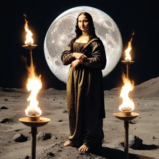 Prompt: Mona Lisa juggling torches  while standing on the surface of the moon