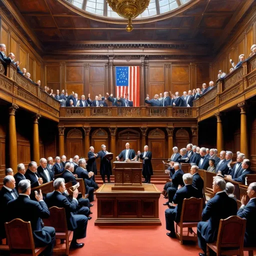 Prompt: Create an oil painting set in the year 1890, capturing the moment when members of a state house of representatives are celebrating the end of their biannual session. The Speaker of the House is striking the gavel, declaring the House adjourned "sine die." The scene is filled with the atmosphere of relief and jubilation.

In the painting, the Speaker stands at the front, mid-motion, as he strikes the gavel on the wooden podium. The representatives, dressed in period-appropriate attire of the late 19th century, are reacting with joy, clapping, shaking hands, and some even throwing their hats in the air. The grand hall is adorned with elaborate woodwork, chandeliers, and large windows allowing natural light to flood in. The walls are lined with portraits of notable figures and flags, adding to the historic and celebratory ambiance