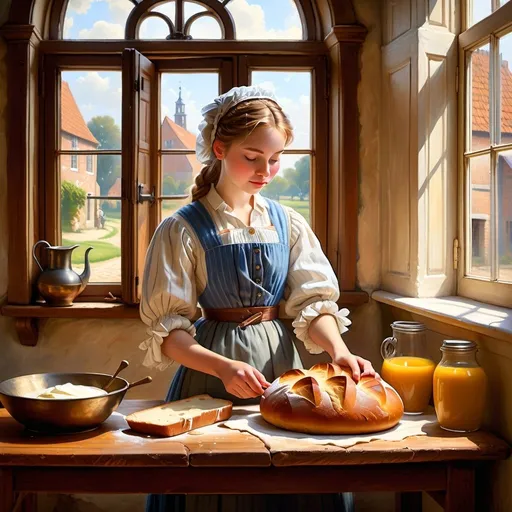 Prompt: The painting depicts a robust young woman in a humble kitchen, engrossed in the simple yet profound act of pouring milk.

The scene is bathed in soft, natural light filtering through a window, casting gentle shadows and highlighting the textures and details with stunning precision. The artist’s brushwork captures the delicate interplay of light and shadow, creating a serene, almost meditative atmosphere. The milkmaid herself is a picture of quiet dignity and concentration, her face reflecting a sense of calm and purpose. Her clothing, rendered in rich, warm hues, contrasts beautifully with the cool, muted tones of the background, drawing the viewer’s eye to her graceful figure.

The kitchen is modestly furnished, with rustic elements that suggest the simplicity and austerity of everyday life in 17th century Holland. A sturdy wooden table, on which sits a ceramic jug and a loaf of bread, anchors the composition. The artist’s meticulous attention to detail is evident in the intricate patterns of the bread’s crust and the subtle variations in the texture of the milk being poured. Every element in the painting, from the worn tiles on the floor to the faint cracks in the plastered walls, is rendered with exquisite realism.

This painting, though created by an unknown hand, evokes a deep sense of tranquility and reverence for the mundane. It speaks to the timeless beauty found in ordinary moments and the profound dignity of daily labor. It’s a masterful testament to the artist’s skill in capturing the essence of a simple, yet deeply meaningful, human experience. In this universe, this piece stands as a celebrated masterpiece, an enduring symbol of the grace and beauty that lies within the everyday.