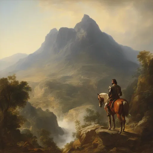 Prompt: <mymodel> a painting of a  brave knight, standing on a rock with a sword in his hand,  mountain in the background, matte painting, a matte painting