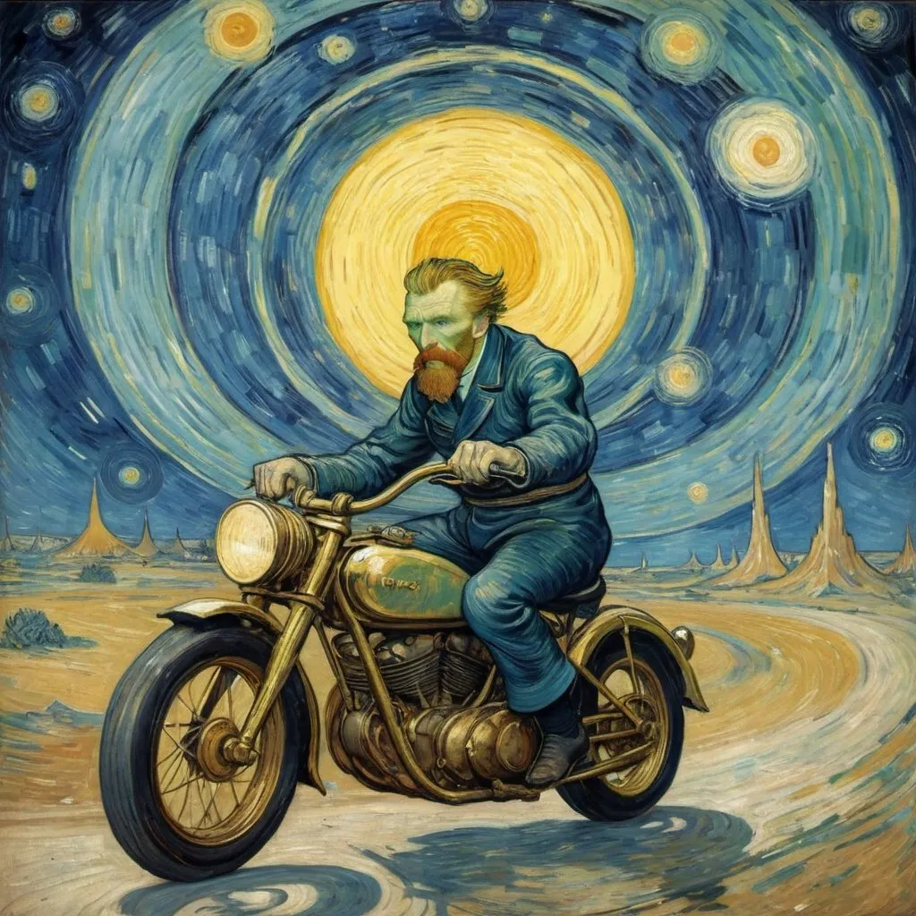 Prompt: Vincent van Gogh riding a motorcycle on  the Rings of Saturn