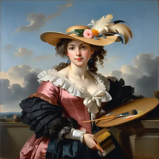 Prompt: Self-portrait in a Straw Hat (French: Autoportrait au chapeau de paille, Dutch: Zelfportret met strohoed) is a self-portrait by the French painter Élisabeth Vigée Le Brun, painted after 1782, in oil on linen, measuring 97.8 by 70.5 centimetres. It has belonged to the collection of the National Gallery in London since 1897.(wikipedia)

Step into the elegant world of Élisabeth Vigée Le Brun's Rococo masterpiece, 'Self-portrait in a Straw Hat,' and reimagine the artist herself as she presents her craft with grace and poise.

Capture the essence of Vigée Le Brun's self-portrait as you depict a charming woman in a feathered hat holding a thin, flat wooden painter's palette adorned with dollops of paint.

Let the soft, flattering style of Vigée Le Brun's painting guide your brushstrokes, as you convey the natural simplicity and modernity of the artist's pose and appearance.

Explore the interplay of light and shadow, paying close attention to the effect of light on the subject's neck and décolleté, and the subtle nuances of expression in her  eyes, delicate nose, and thin lips.

Consider the symbolism of the artist's attire and accessories, from her fashionable 'a la grècque' clothing to her flamboyant straw hat adorned with flowers and ostrich feathers, and the palette and brushes that signify her profession as a painter.

Invite viewers to journey back in time to the Rococo era, where they can immerse themselves in the elegance and sophistication of Vigée Le Brun's world, and appreciate the innovative and modern spirit of her self-portrait.

Whether you choose to work with traditional painting techniques or explore digital mediums, let your creativity soar as you breathe new life into this timeless masterpiece, and pay homage to one of the most celebrated artists of the 18th century." (chatgpt)