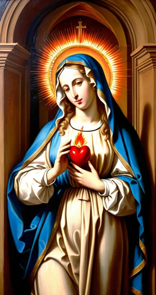 Prompt: a painting of  the doorway  of a 1st century Jewish home standing  alone by herself  the  Virgin Mary is  touching  her flaming immaculate heart,  Anne Said, gothic art, renaissance oil painting, a flemish Baroque

