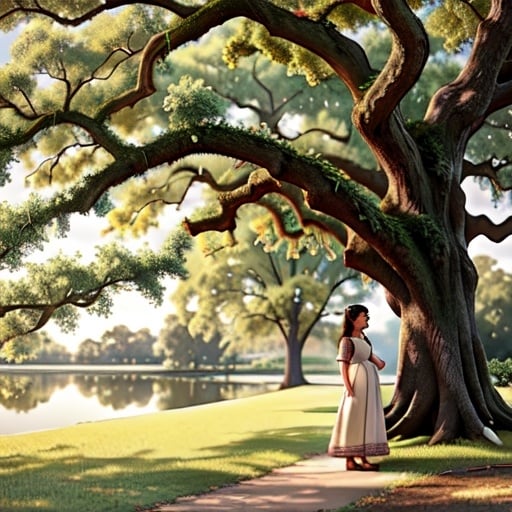 Prompt: French, Evangeline standing under an oak tree Spanish moss  looking  towards  a Bayou waiting for her lost love Gabriel 18th century