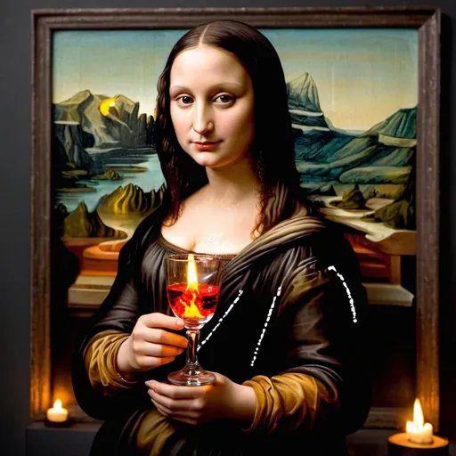 Prompt: Mona Lisa holding glass containing  hot volcanic lava   at night 