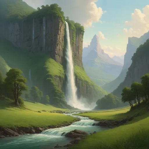 Prompt: a painting of a waterfall in a green valley with trees and grass on the side of the river and a mountain in the background, Christophe Vacher, fantasy art, matte fantasy painting, a detailed matte painting
