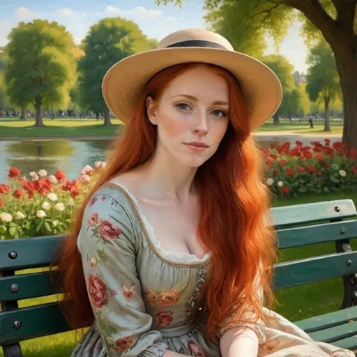 Prompt: Painting of a woman with long red hair sitting on a bench in a park wearing a hat and dress with flowers, renaissance oil painting, a painting