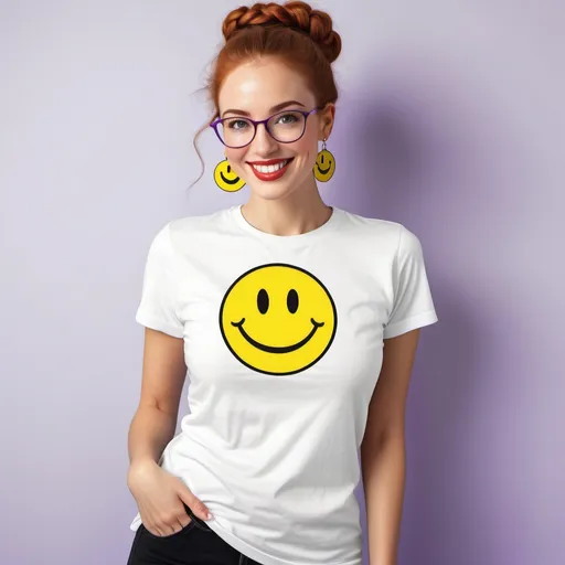 Prompt: on the beach, while UFO is attacking 

25-year-old woman, green eyes. cover with dark freckle. long ginger hair ginger in a French braid. wearing lipstick red. broad rimmed eyeglasses purple

the is  woman wearing a white t-shirt. 

the  t-shirt has a yellow smiley face with two eyes and a smile on it's face, with a black outline, Dave Gibbons, naive art, smile, a digital rendering

 the woman is wearing  earrings.

the earrings has a yellow smiley face with two eyes and a smile on it's face, with a black outline, Dave Gibbons, naive art, smile, a digital rendering









