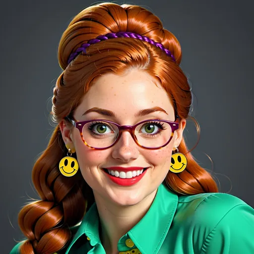 Prompt: 25-year-old woman with earrings 1970s smiley face yellow, green eyes. cover with dark freckle. long ginger hair ginger in a French braid. wearing lipstick red. broad rimmed eyeglasses purple .  yellow blouse, blue  slacks, photo, professional photo. Studio lighting, backlit, realistic lighting. hdr uhd 8k ultra-realistic render, 