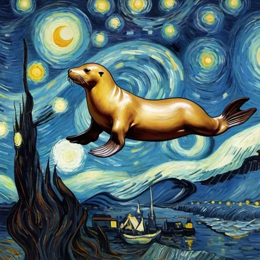 Prompt: A "Sea lion"  flying on a "magic carpet" in "The Starry Night" by Vincent van Gogh