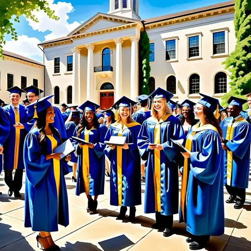 Prompt: Create a UHD, 64K, professional oil painting in the style of Carl Heinrich Bloch, blending the American Barbizon School and Flemish Baroque influences. Depict a lively and jubilant college graduation ceremony set in a grand outdoor courtyard. The scene is filled with graduates in traditional caps and gowns, their faces beaming with pride and excitement. In the foreground, a young graduate stands tall, holding her diploma, surrounded by friends and family celebrating the moment. The backdrop includes a majestic, ivy-covered college building with classic architectural elements such as columns and arches. The sky is a clear, brilliant blue, and sunlight bathes the entire scene, casting warm and welcoming tones. Professors in academic regalia can be seen on a stage, applauding as graduates walk across to receive their diplomas. The atmosphere is festive, with decorations like banners and balloons adding to the joyous occasion. Trees and flowers in full bloom surround the area, enhancing the sense of celebration and new beginnings.
