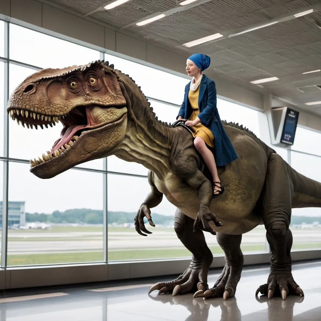 Prompt: "the girl with the pearl earring" riding a   tyrannosaurus in  an airport