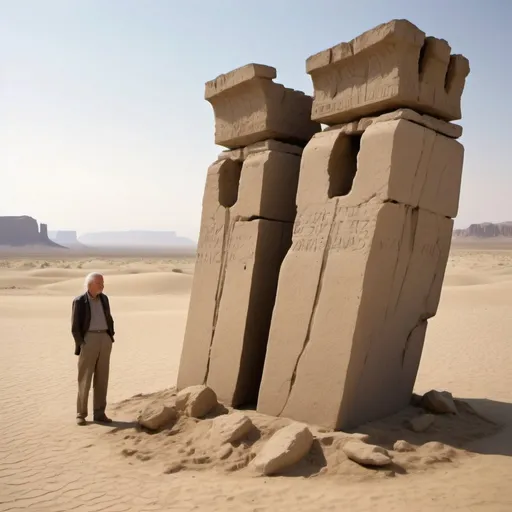Prompt: a man standing in front of two large stone structures in the desert, with a mountain in the background, Andy Goldsworthy, land art, stanley artgermm, egyptian art