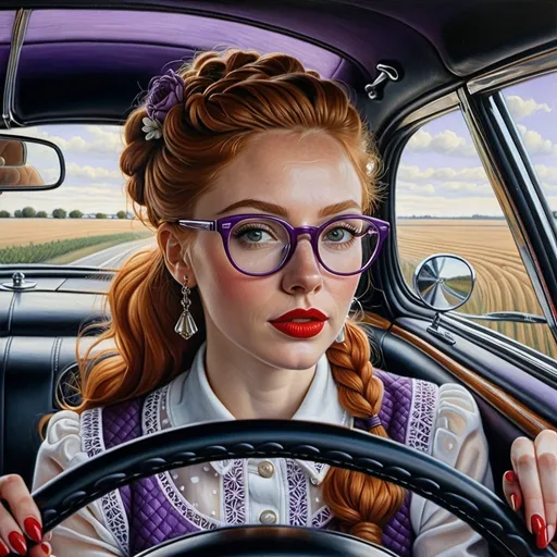 Prompt: A painting from the perspective of the steering wheel of a woman with purple broad rimmed eyeglasses  driving a car with a red lipstick on her lips and a French braid in her ginger hair, 
 Andrea Kowch,
hyperrealism, 
extremely detailed oil painting,
a hyperrealistic painting