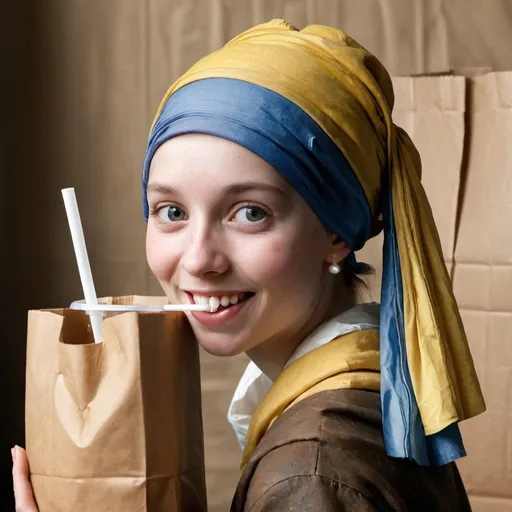 Prompt: "the girl with the pearl earring" smiling while sipping through a straw from a glass  bottle in a brown paper bag.