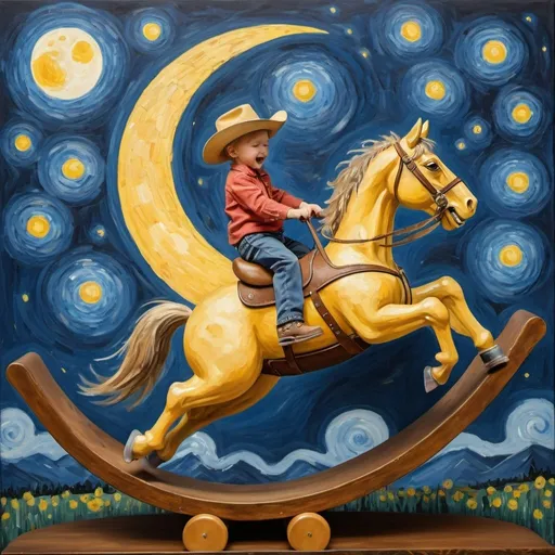 Prompt: a painting  of  a 7-year-old   wearing cowboy hat riding a airborne  rocking horse, attach to wood rocker, that is jumping over the Moon.  in the style of "The Starry Night" by Vincent van Gogh