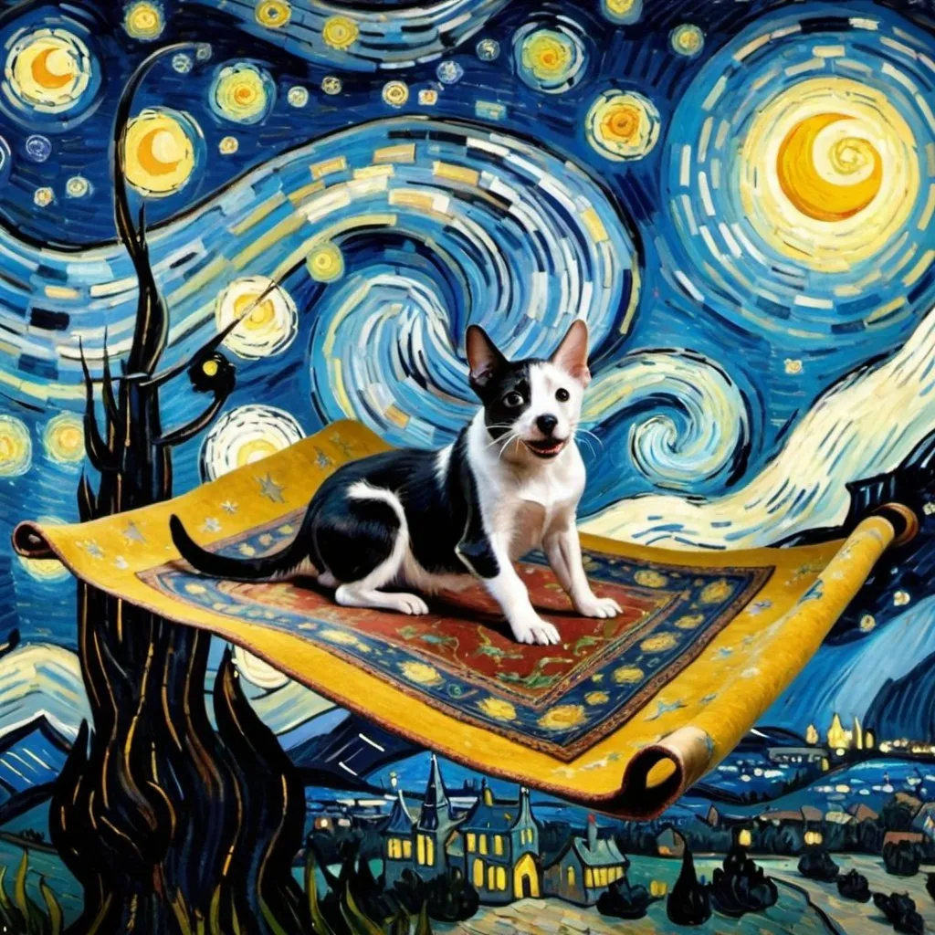 Prompt: A dog, cat, and mouse flying on a "magic carpet" in "The Starry Night" by Vincent van Gogh