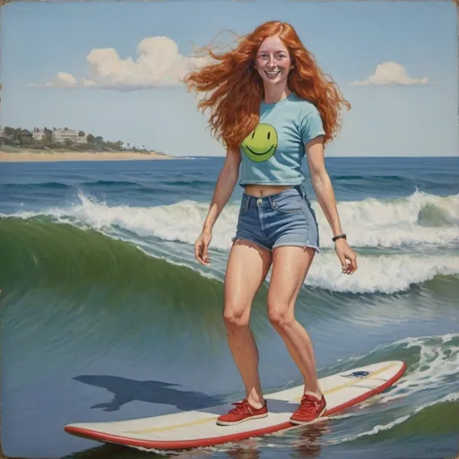 Prompt: a full-length portrait painting, 27 year-old woman, 
standing riding a surfboard  going for the tube
cover with dark freckle,
green eyes, 
long ginger hair
a smile on her face, 
smiley-face  t-shirt, 
long blue jean,
red and blue tennis shoes,
1970s oil painting,

