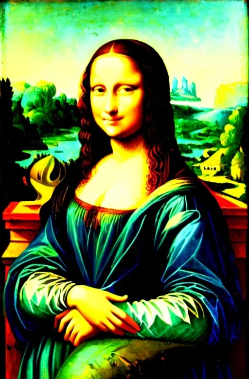 Prompt: a painting of a woman with long hair and a smile on her face, with a green background and a blue sky, Fra Bartolomeo, academic art, da vinci, a painting