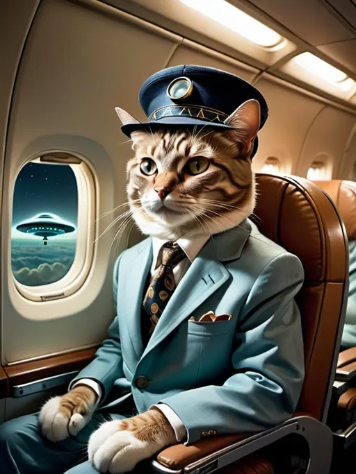 Prompt: a  anthropomorphic cat sitting on an airplane seat with a hat on his head and a UFO in the night shy in the background with a window, Annie Leibovitz, precisionism, promotional image, an art deco painting