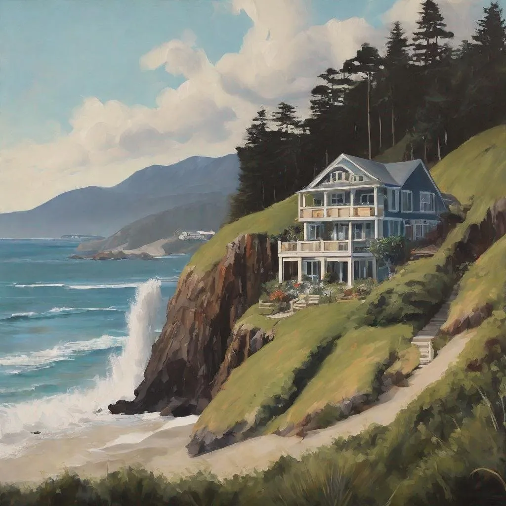 Prompt: A  painting of a home at  an ocean beach by  waterfall in the the mountains.