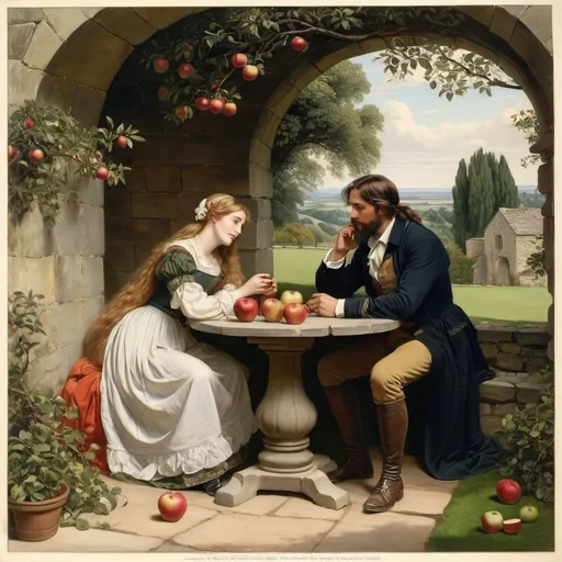 Prompt: a painting of a man and woman sitting at a table with an apple tree in the background and a stone archway, Daniel Maclise, pre-raphaelitism, renaissance oil painting, a mid-nineteenth century engraving


"...When Ma bimeby upon ’em slips,
  Huldy sot pale ez ashes,
All kin’ o’ smily roun’ the lips
  An’ teary roun’ the lashes..."

The Courtin’
By James Russell Lowell (1819–1891)
 in
Biglow Papers
