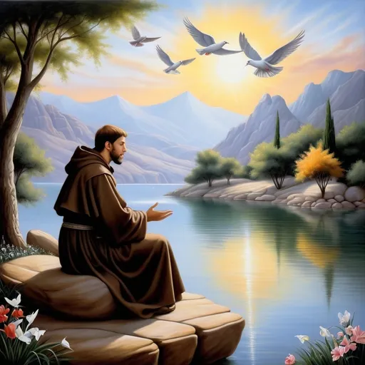 Prompt: a painting of  St Francis of Assisi sitting on a rock by a lake with birds flying around him and a dove in the sky, Lord  make me a channel of thy peace that where there is hatred  I may bring love that where there is wrong I may bring the spirit of forgiveness that where there is discord  I may bring harmony that where there is error  I may bring truth that where there is doubt  I may bring faith that where there is despair  I may bring hope that where there are shadows  I may bring light that where there is sadness  I may bring joy Lord  grant that I may seek rather to comfort than to be comforted to understand  than to be understood to love  than to be loved For it is by self-forgetting that one finds It is by forgiving that one is forgiven It is by dying that one awakens to Eternal Life ,Anne Stokes, figurative art, classical painting, a fine art painting