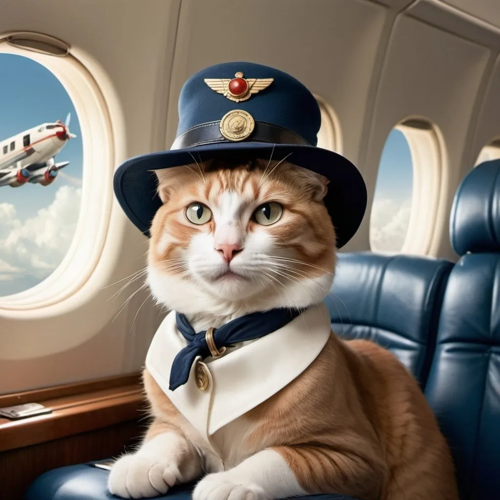 Prompt: a  anthropomorphic cat sitting on an airplane seat with a hat on her head and a plane in the background with a window, Annie Leibovitz, precisionism, promotional image, an art deco painting