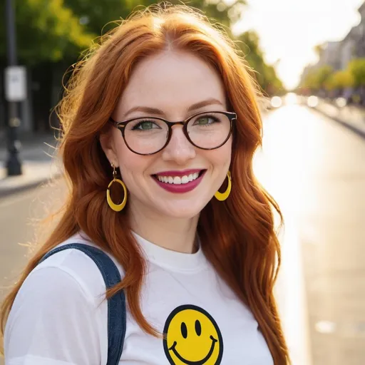 Prompt: the woman is 25-year-old, green eyes. cover with dark freckle. long ginger hair ginger in a French braid. wearing lipstick red. broad rimmed eyeglasses purple.

the is  woman wearing a WHITE t-shirt. 

the WHITE  t-shirt has one classic  1970s  yellow smiley face on the center  of it.

 the woman is wearing  earrings.

the earrings  has the classic  1970s  yellow smiley face on them.

 the woman is wearing   blue jean, and tennis shoes.

the woman is  standing on her feet on a sidewalk