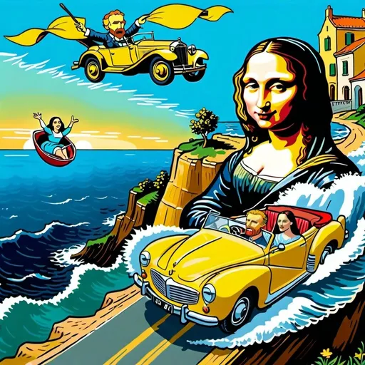Prompt: (Mona Lisa) and  (Vincent van Gogh)  are laughing and driving a sports convertible car off a cliff into the ocean, car flying through air towards screen, freefalling, dynamic
