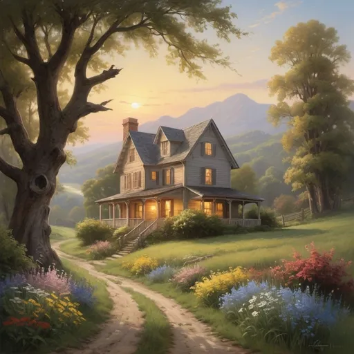 Prompt: Create a UHD, 64K, professional oil painting in the style of Carl Heinrich Bloch, blending influences from the American Barbizon School and the Hudson River School. Depict a charming, rustic home situated on a gentle hill. The house is a quaint, two-story structure with a welcoming front porch and smoke curling up from the chimney, suggesting warmth and coziness within.

In the foreground, wildflowers and tall grasses sway in the breeze, creating a picturesque and serene environment. A large, ancient oak tree with gnarled branches stands nearby, its roots partially exposed and its leaves casting dappled shadows on the ground. A dirt path winds its way up the hill, leading to the front door, lined with blooming flowers and neatly trimmed bushes.

The midground features rolling hills and a meandering stream, reflecting the sky's colors and adding to the idyllic landscape. In the background, majestic mountains rise up, their peaks touching the sky and adding a sense of grandeur and depth to the scene.

The sky is painted in soft hues of dawn, with the first light of daybreak casting a golden glow over the entire landscape. The atmosphere captures the tranquility and beauty of rural life, emphasizing the harmony between the home and its natural surroundings. Birds can be seen in flight, and a small garden next to the house suggests self-sufficiency and a close connection to nature.