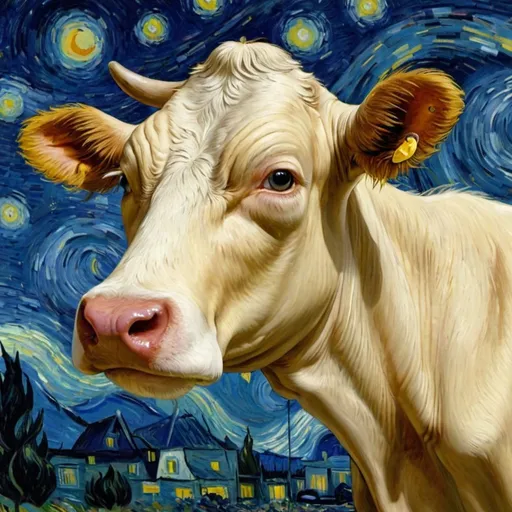 Prompt: "the girl with the pearl earring" cow tipping in "The Starry Night" by Vincent van Gogh