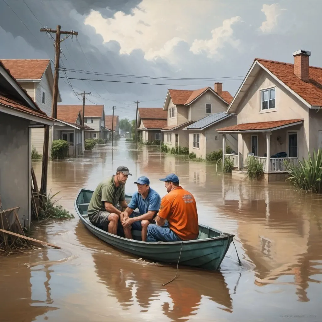 Prompt: recreational fisherman volunteering  rescue flood victims from rooftops

a man and family sitting in a boat in a flooded area of a  homes with high floodwater and  homes in the background, heroic  painting