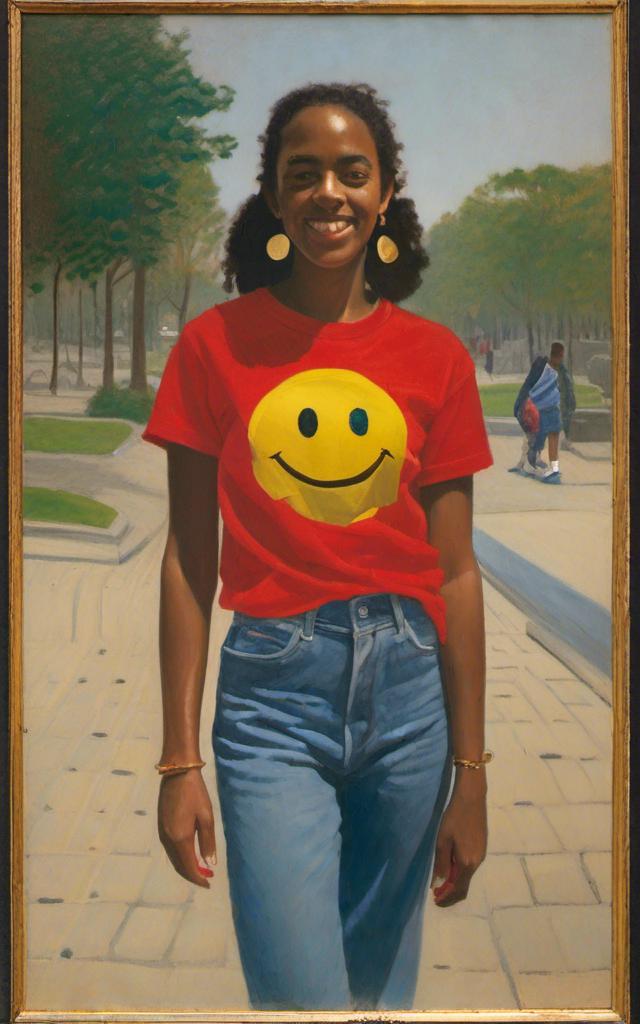 Prompt: a  portrait, 27 year-old woman, walking on a dry sidewalk, gold-earrings-with-a-smiley-face- ON-them,  smiley-face t-shirt, long blue jean, red and blue tennis shoes, 
<mymodel>