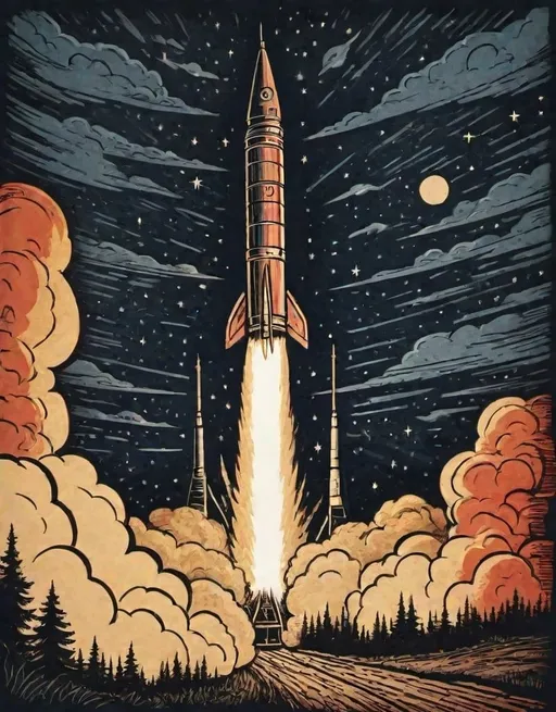 Prompt: a  wood cut print of a rocket is being launched on a clear night with fire and smoke billowing out of it's back end,
wood cut print

