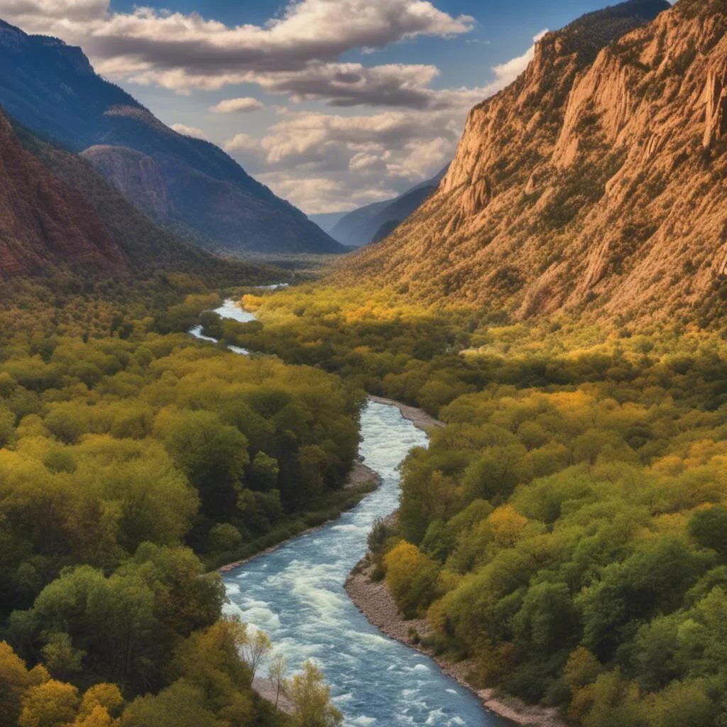 Prompt: <mymodel>  photo a city with a river running through it and mountains in the background with a river running through it, 