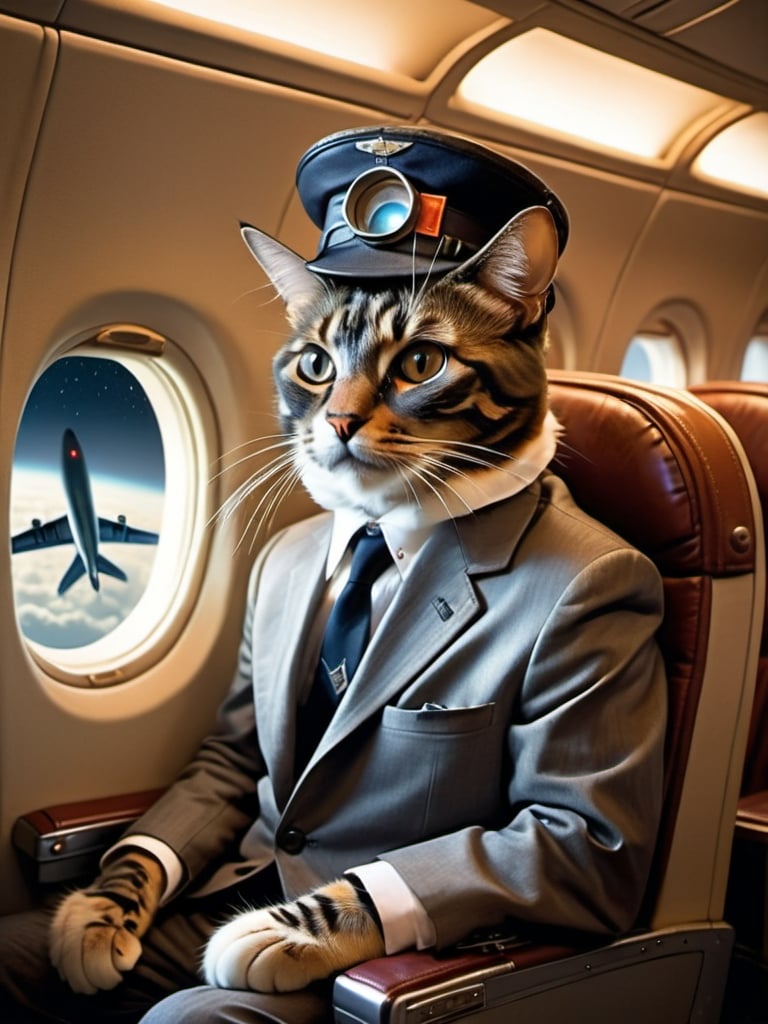 Prompt: a  anthropomorphic Tortoiseshell  cat sitting on an airplane seat with a hat on his head and a UFO in the night shy in the background with a window, Annie Leibovitz, precisionism, promotional image, an art deco painting