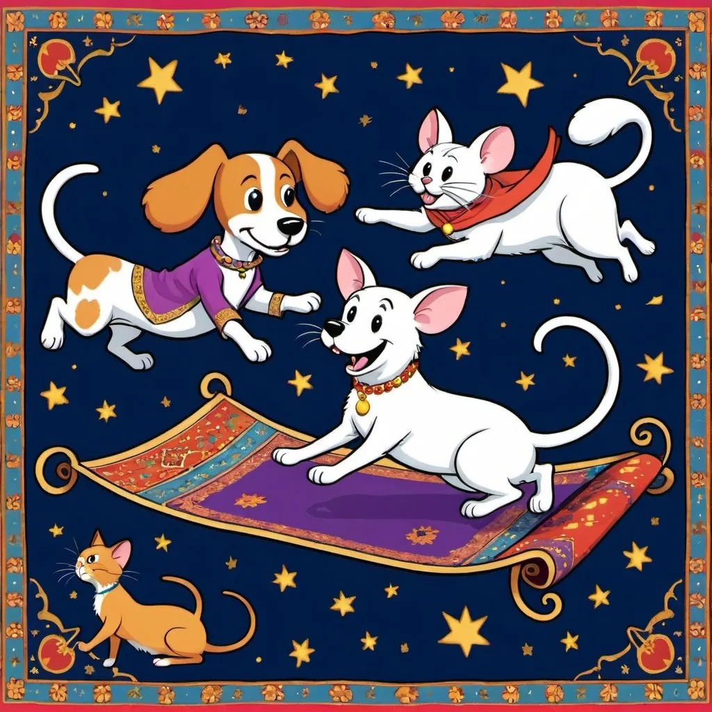 Prompt: A dog, cat, and mouse flying on a "magic carpet" 