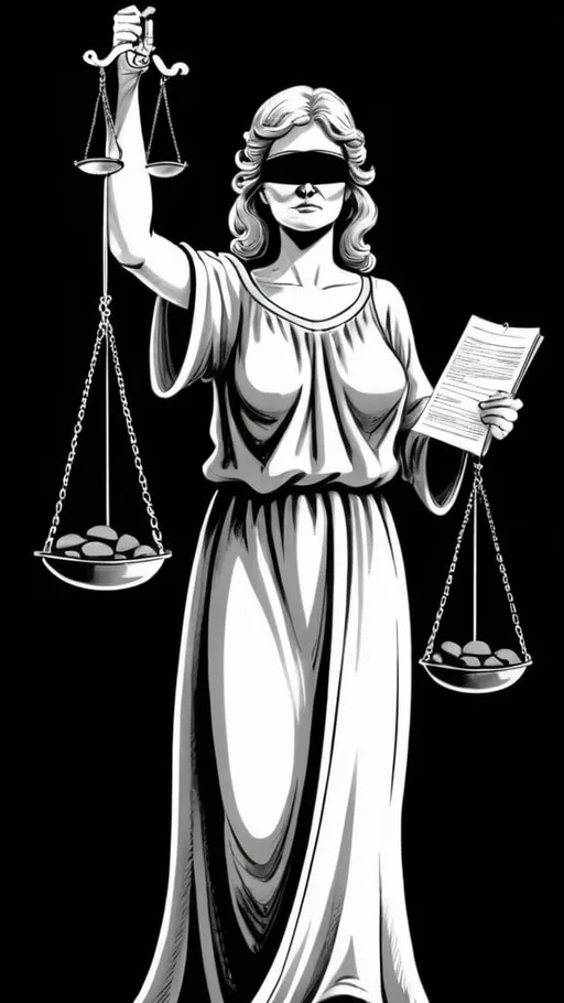 Prompt: A political cartoon illustrating unfairness Lady Justice, with a blindfold, covers her eyes in a full robe she is holding scales. One side has rocks, and the other side has nothing.


