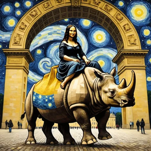 Prompt: Mona Lisa riding a  rhinoceros through the Arc de Triomphe in the style of "The Starry Night" by Vincent van Gogh